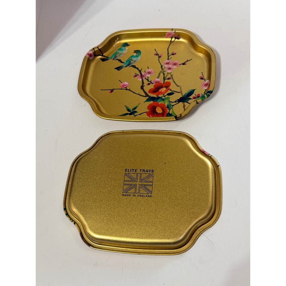 Elite Trays Made in England Birds Cherry Blossoms Gold Metal Coaster Tray Set